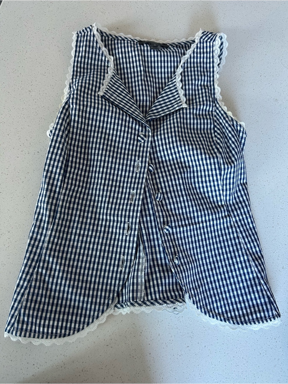 French Connection Navy and White Gingham Button-Down Lace-Trim Top